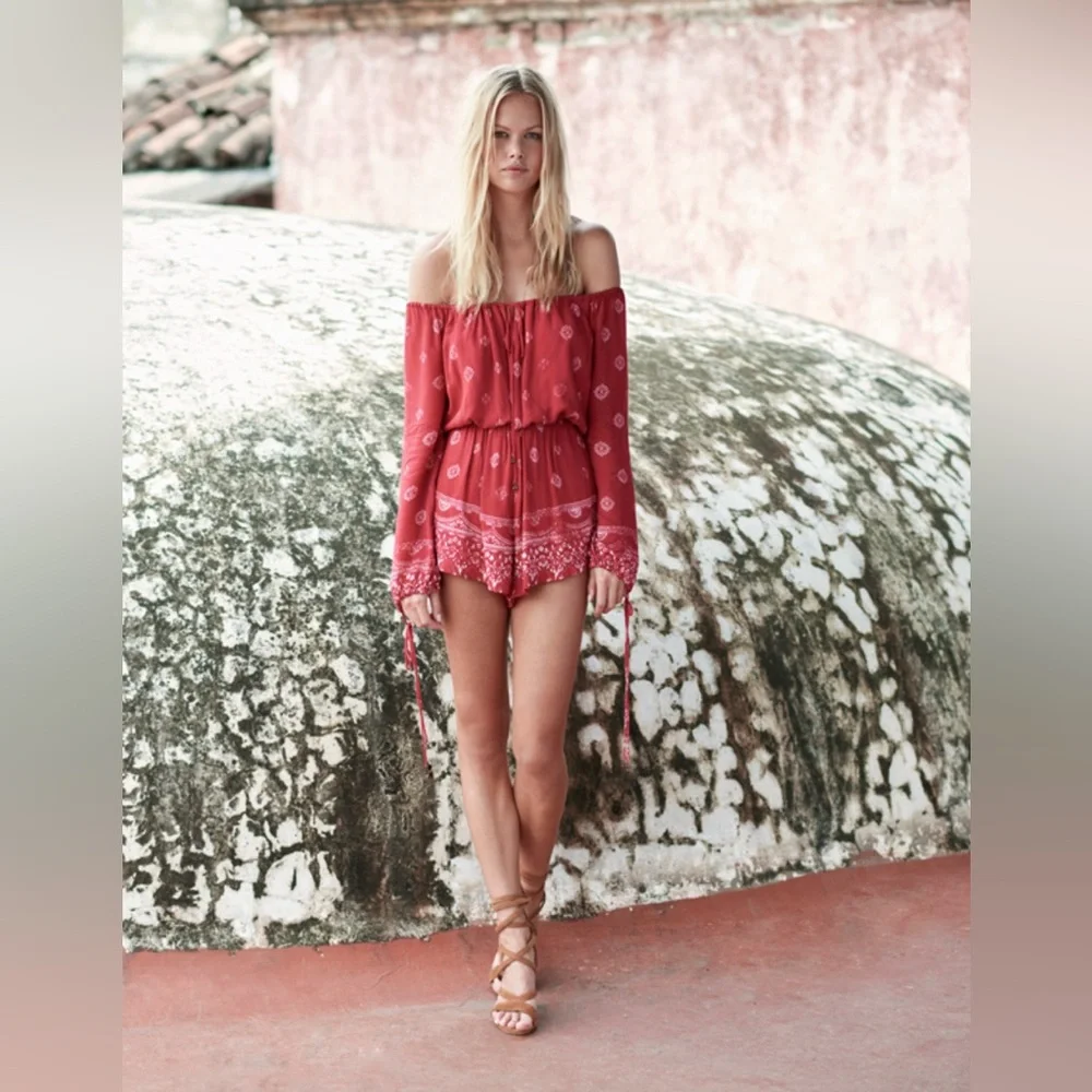 NWT The Jetset Diaries Revolve Fuego Romper Red Off Shoulder Tassels - XS - Picture 2 of 5